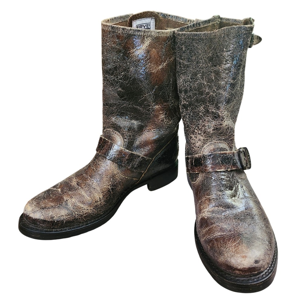 Frye Veronica short distressed brown leather Grunge moto harness boots L 8.5 - Picture 5 of 14